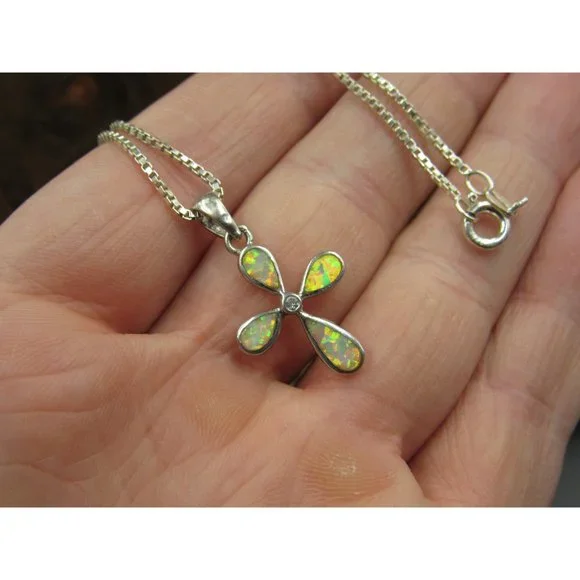 20" Sterling Silver Small Opal Cross Pendant Necklace Vintage Minimalist - Picture 3 of 7